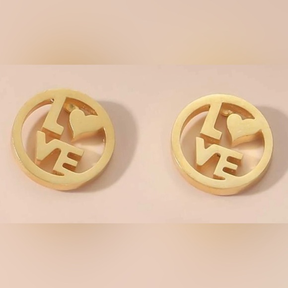 “LOVE” Letters Heart Gold Stainless Steel Cut-Out Circle Romance Mini Tiny Studs - Picture 2 of 8
